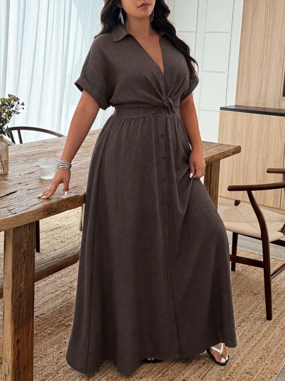 Coffee Brown Casual Women's Lapel Twist Knot Button A-Line Vacation Dress